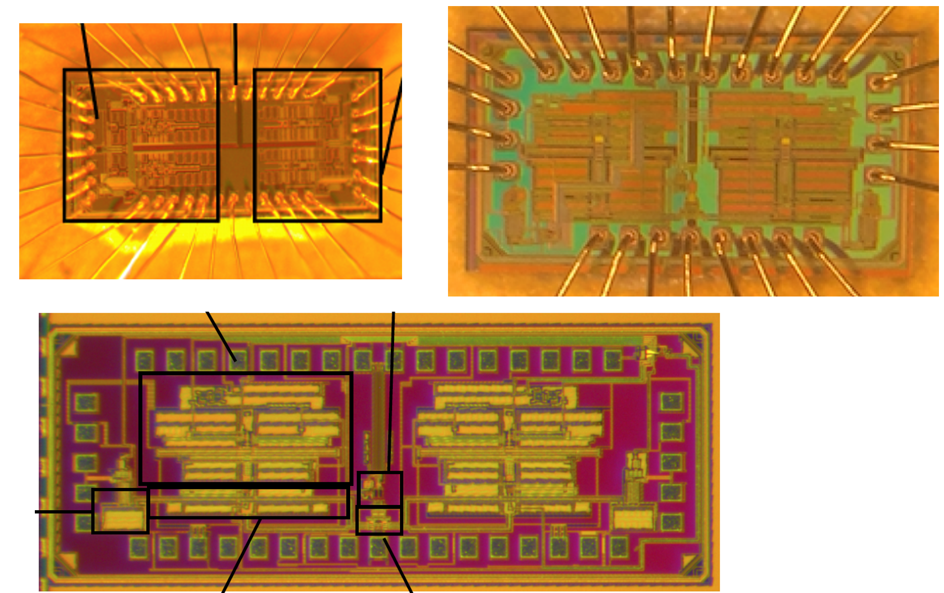 Die photos of RF N-path filters with high selectivity.